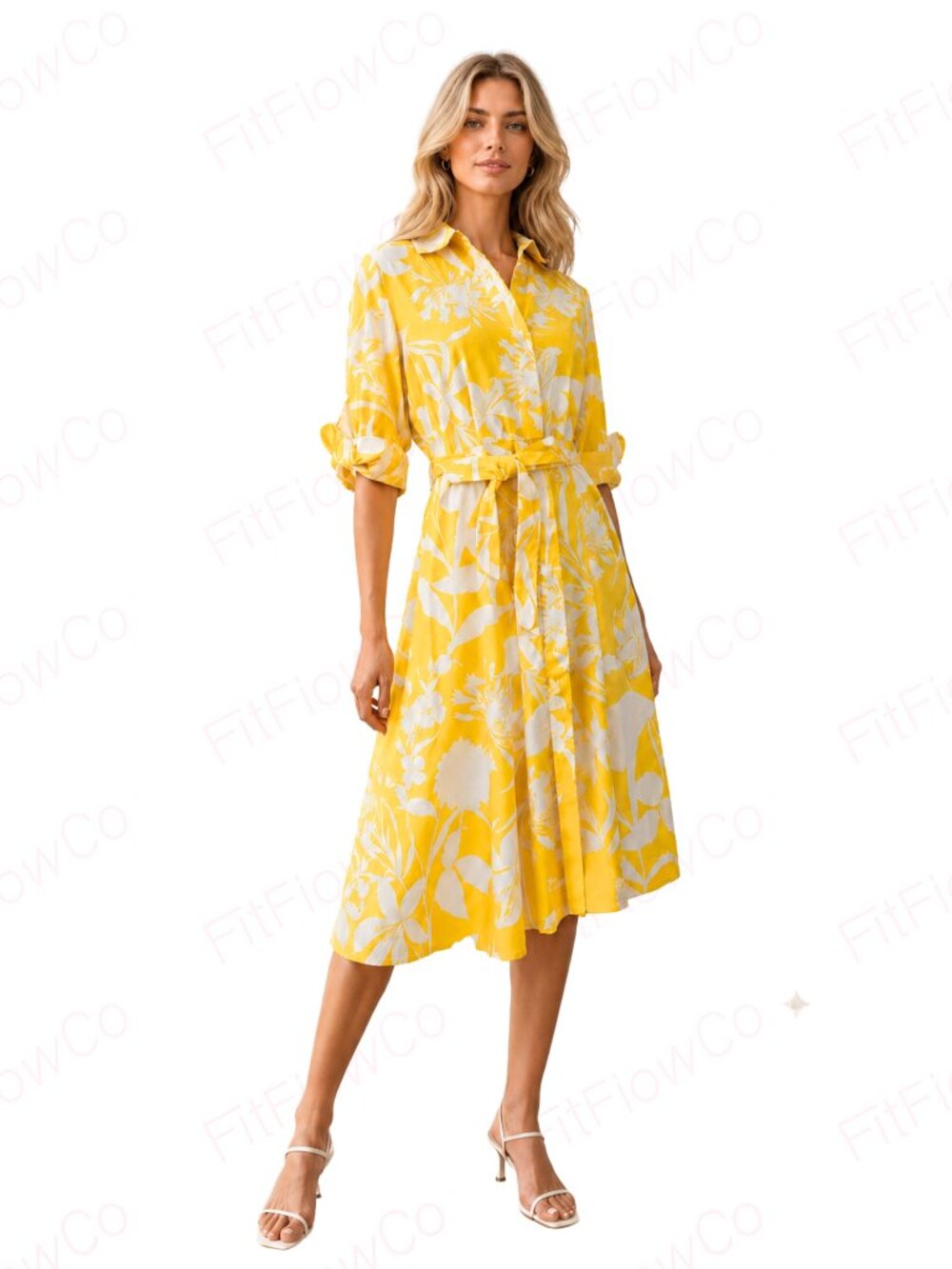 Calvin Klein Floral Tie Sleeve Cotton Shirtdress Yellow White Size 2 NWT